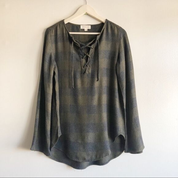 Cloth & Stone Plaid Rayon blouse with bell sleeves - Picture 1 of 7